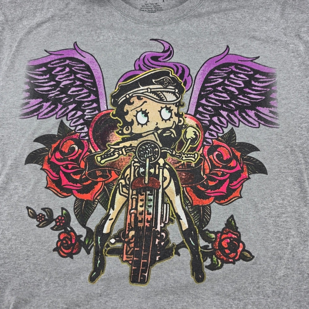 Betty Boop Biker Graphic T Shirt Mens XL Gray Motorcycle Wings Double Side Print